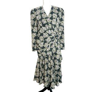 Vintage Liz Roberts Dress Womens Floral Drape 3D Rosette Zip Wrap Ruched Size M